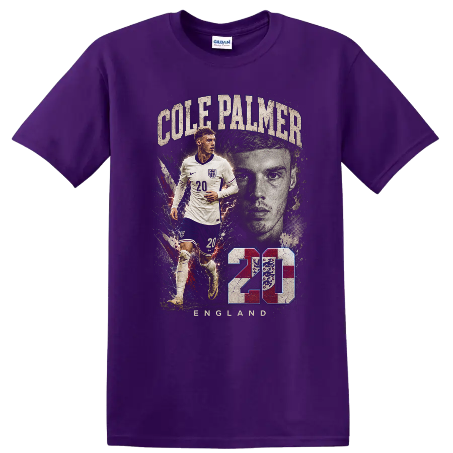Cole Palmer England soccer Graphic print with number 20 and portrait on a Purple T Shirt
