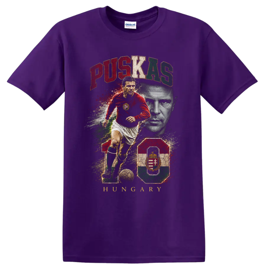 Ferenc Puskás Hungary soccer graphic with portrait, action pose, and number 10 on a Purple T Shirt