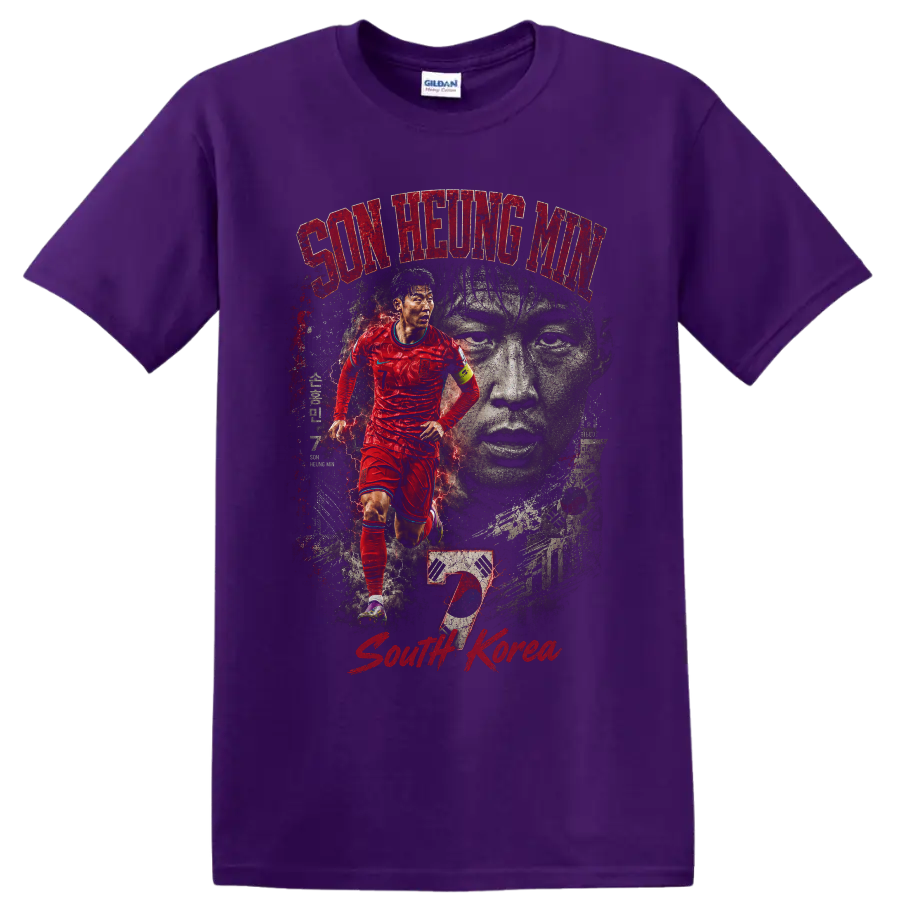 Son Heung-min South Korea distressed soccer graphic with portrait and flag on a Purple T Shirt