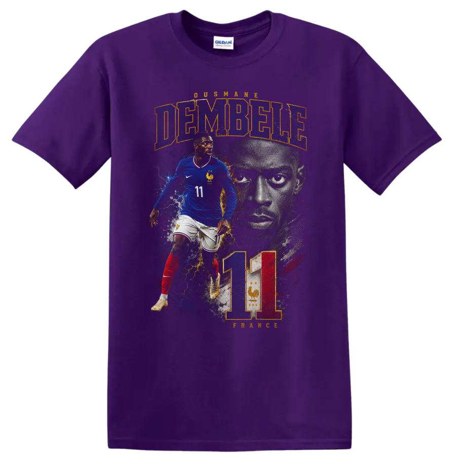 Ousmane Dembélé France soccer graphic with DEMBÉLÉ and number 11 on a Purple T Shirt