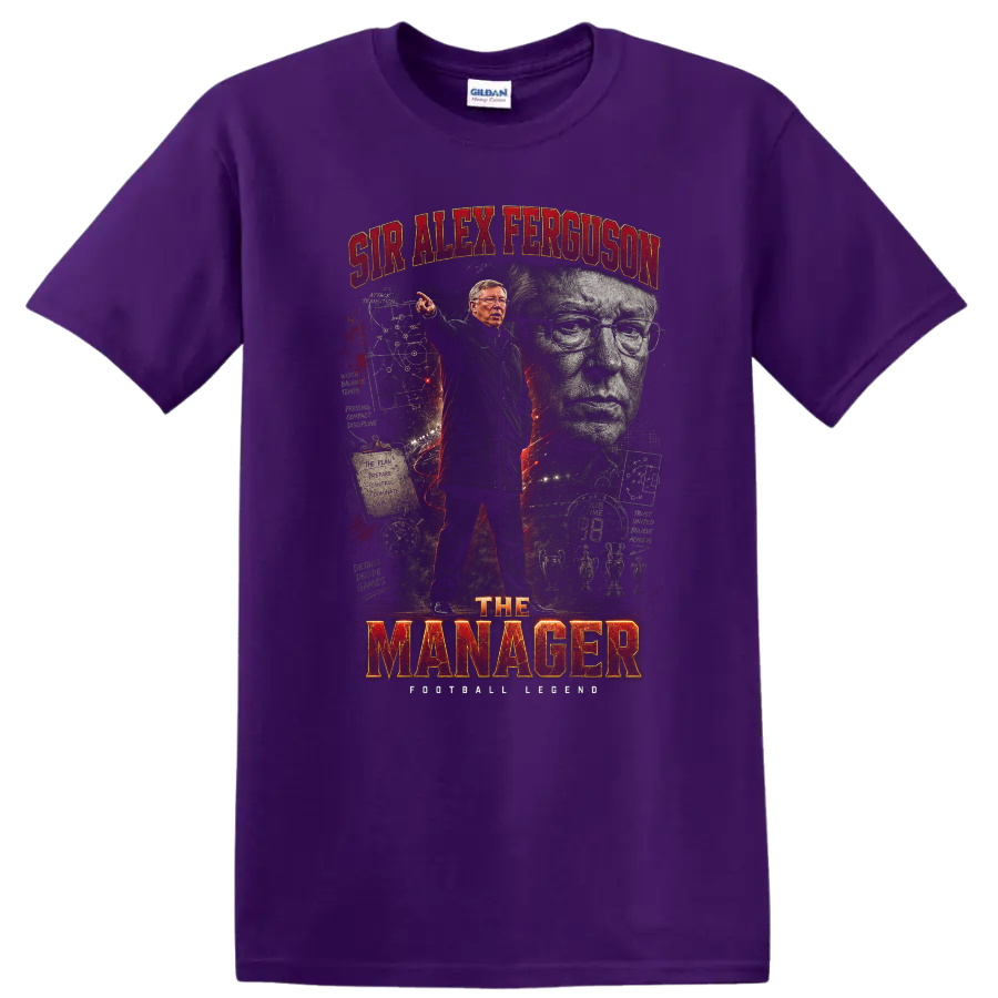 Sir Alex Ferguson Manchester United manager graphic with red and gold lettering on a Purple T Shirt