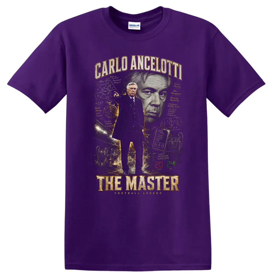 Carlo Ancelotti The Master soccer coach portrait graphic print on a Purple T Shirt