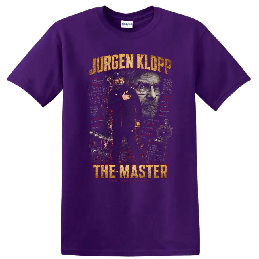 Jürgen Klopp Liverpool FC soccer coach collage with The Master text on a Purple T Shirt