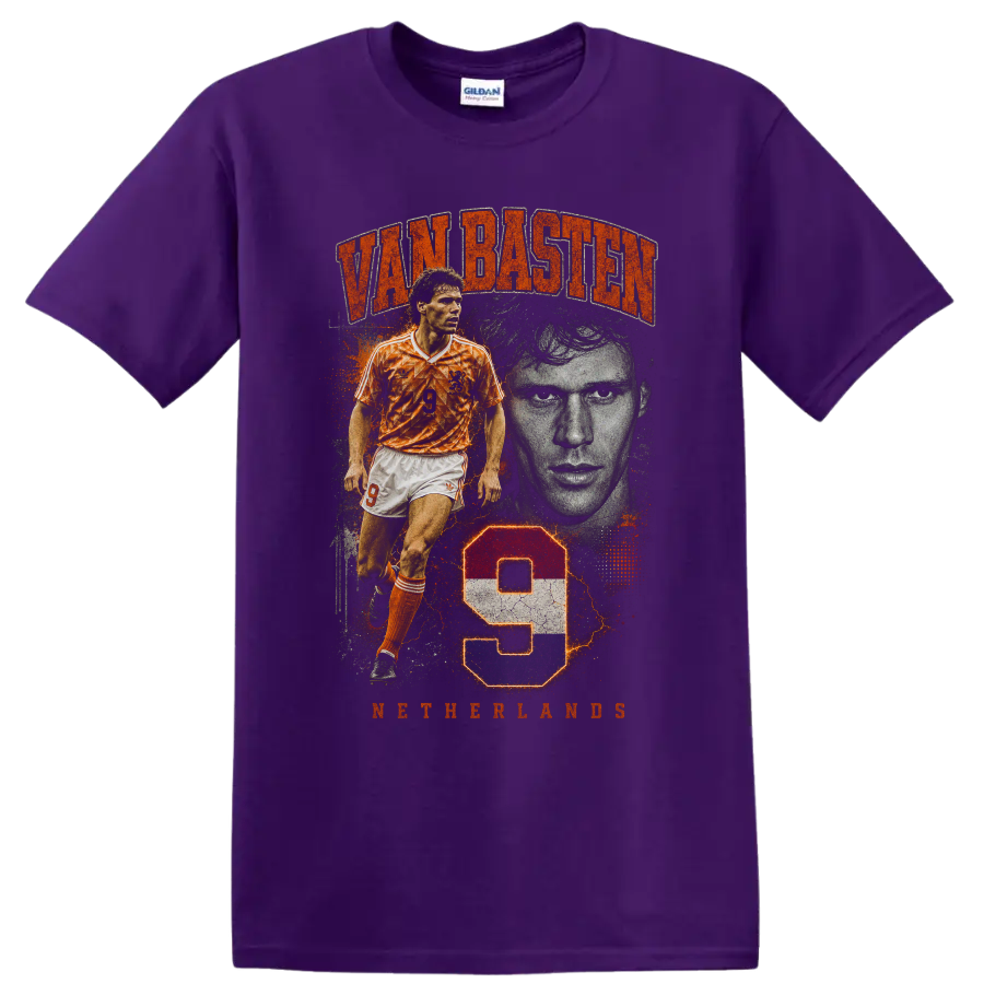 Marco van Basten Netherlands number 9 distressed soccer portrait design on a Purple T Shirt