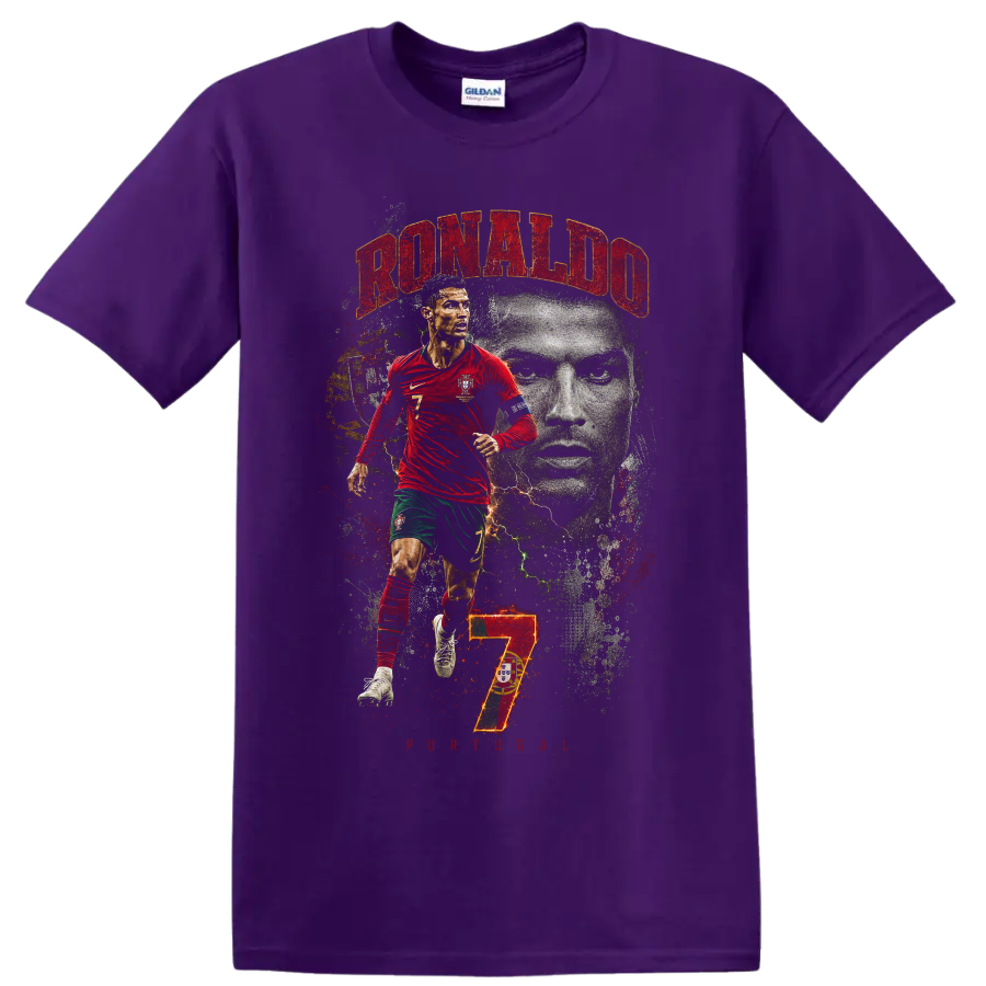 Cristiano Ronaldo Portugal soccer graphic with RONALDO and number 7 on a Purple T Shirt