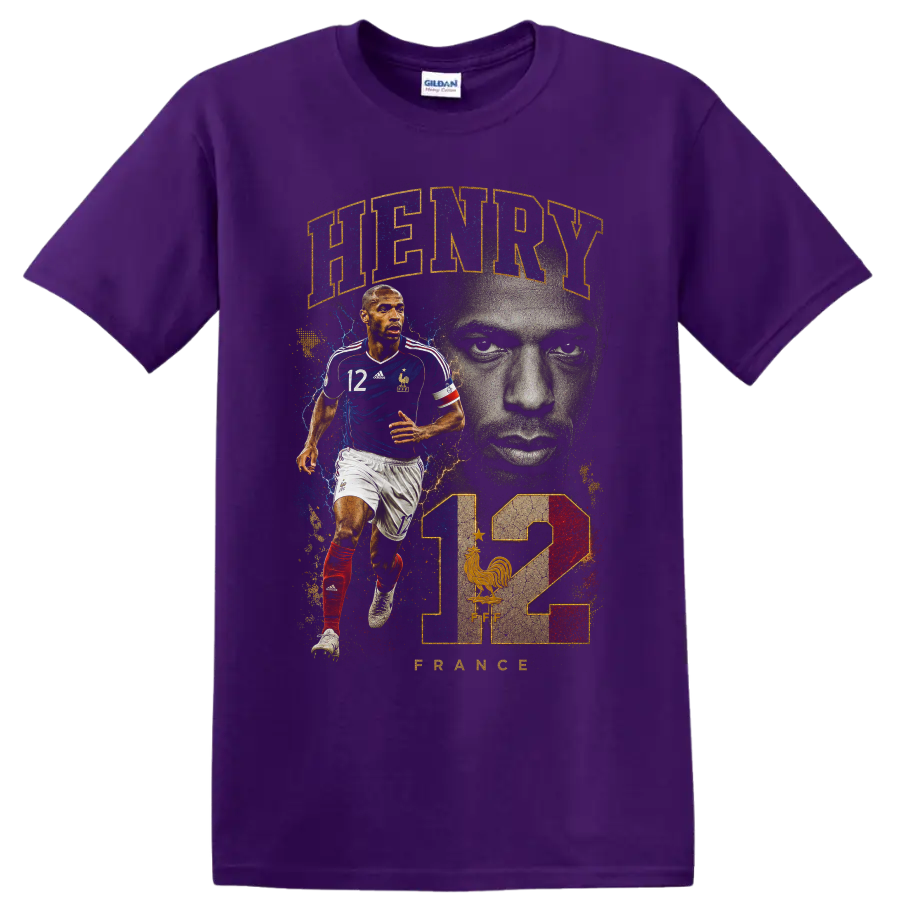 Thierry Henry France soccer tribute graphic with number 12 on a Purple T Shirt