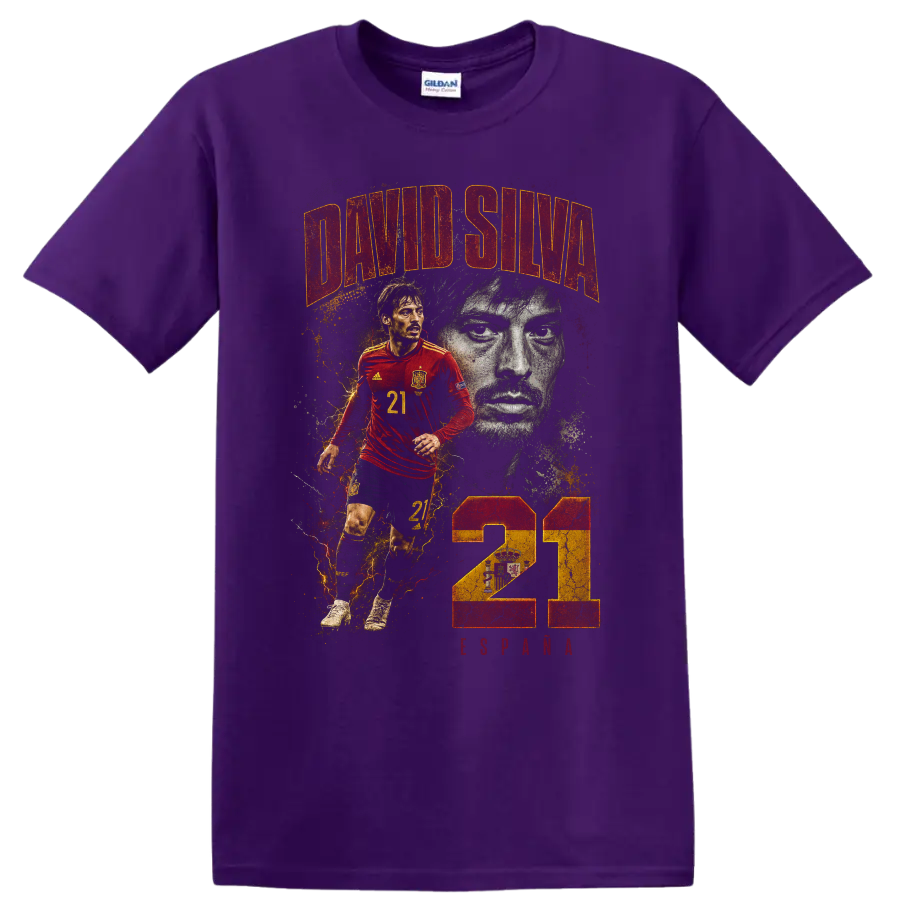 David Silva Spain soccer portrait and action graphic with number 21 on a Purple T Shirt