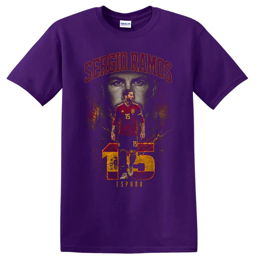 Sergio Ramos Spain soccer portrait with name and number 15 graphic on a Purple T Shirt