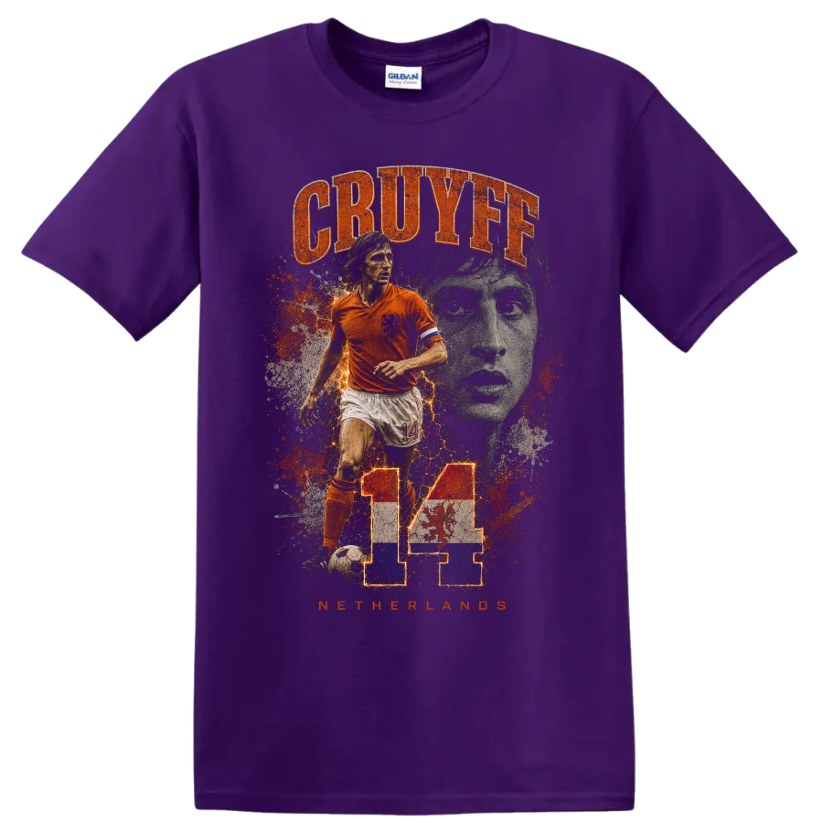 Johan Cruyff Netherlands soccer collage with CRUYFF and number 14 on a Purple T Shirt