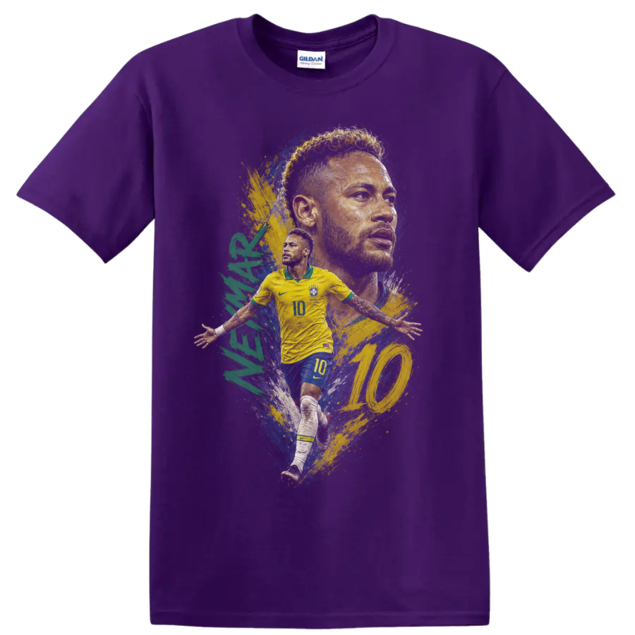 Neymar Brazil soccer player number 10 portrait and action graphic on a Purple T Shirt