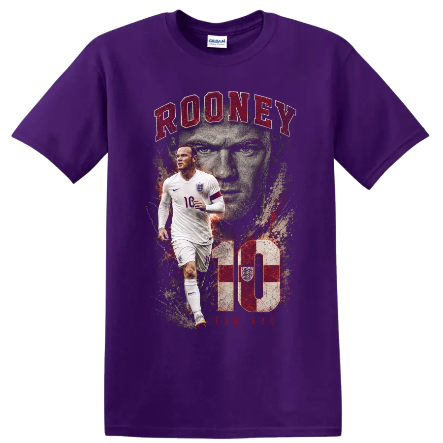 Wayne Rooney England soccer graphic with portrait and number 10 on a Purple T Shirt