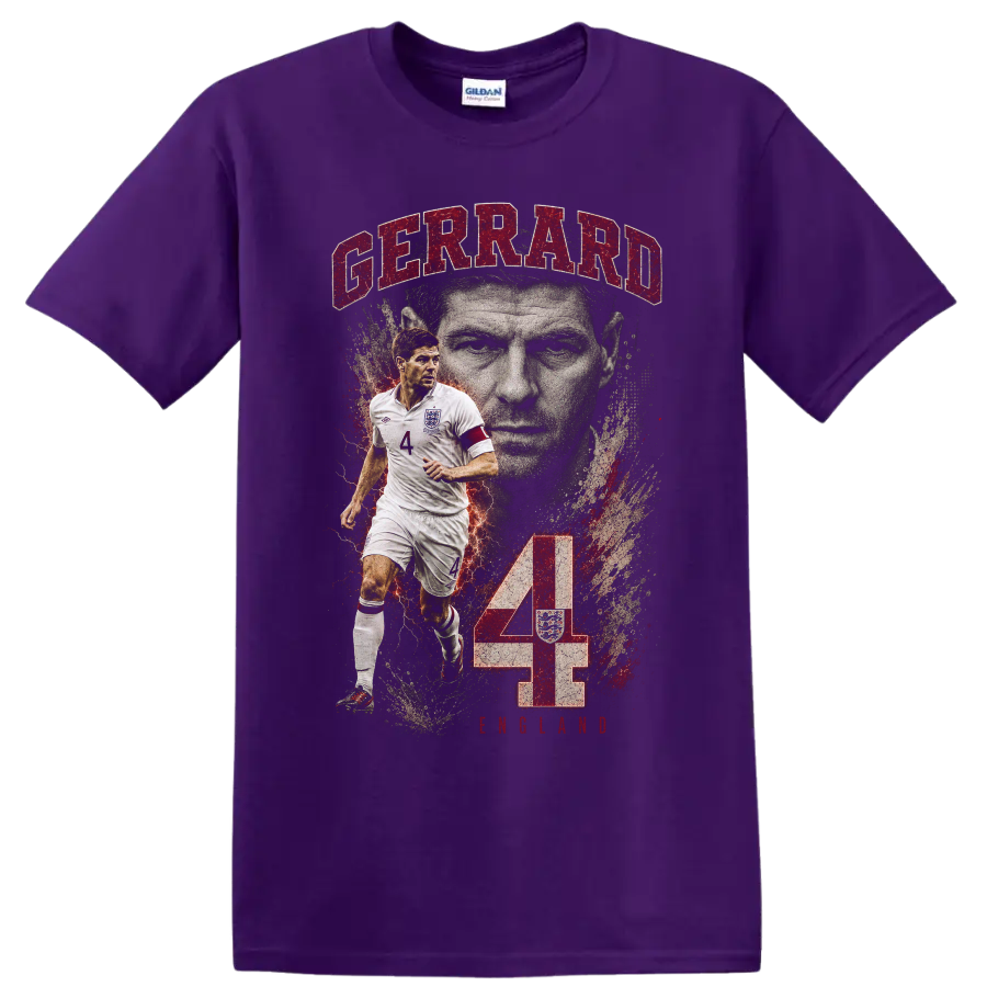 Steven Gerrard England number 4 soccer tribute graphic with captain portrait on a Purple T Shirt