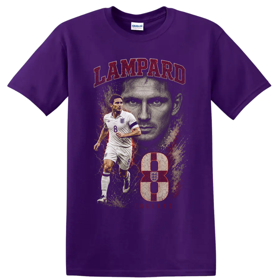 Frank Lampard England soccer portrait graphic with LAMPARD text and number 8 on a Purple T Shirt