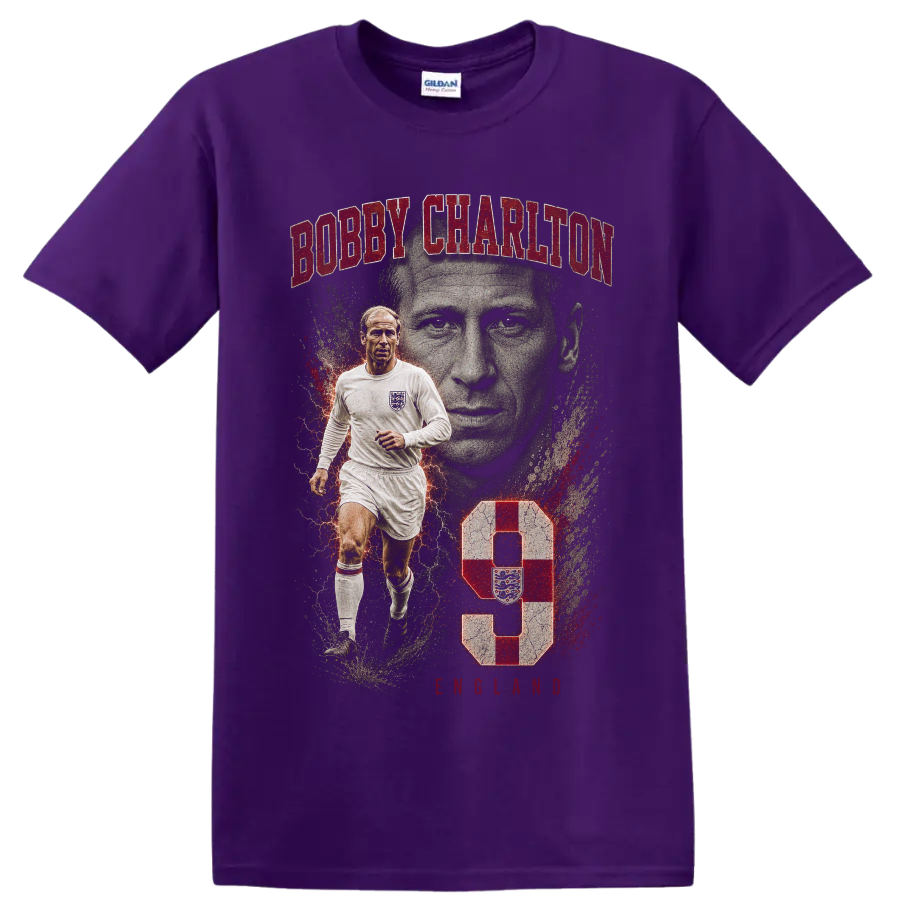 Bobby Charlton vintage soccer portrait graphic with England kit and number 9 on a Purple T Shirt
