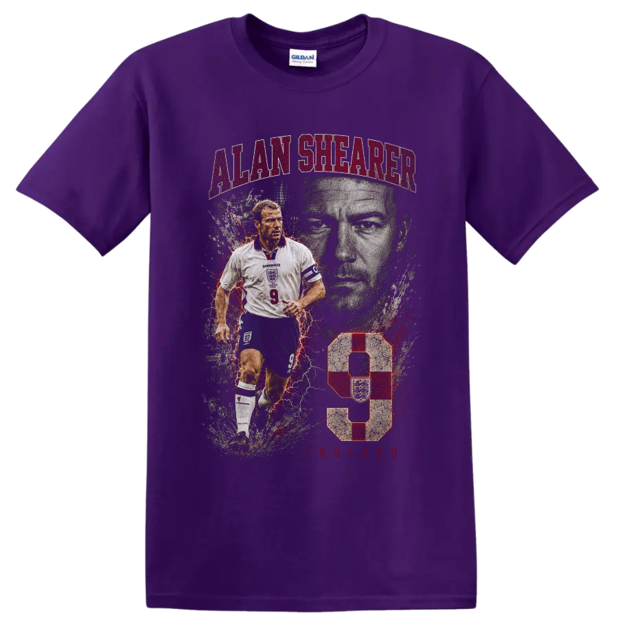 Alan Shearer England number 9 distressed soccer action portrait graphic on a Purple T Shirt