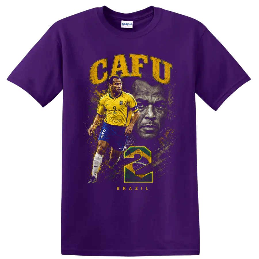 Cafu Brazil soccer player retro graphic with CAFU text and number 2 on a Purple T Shirt