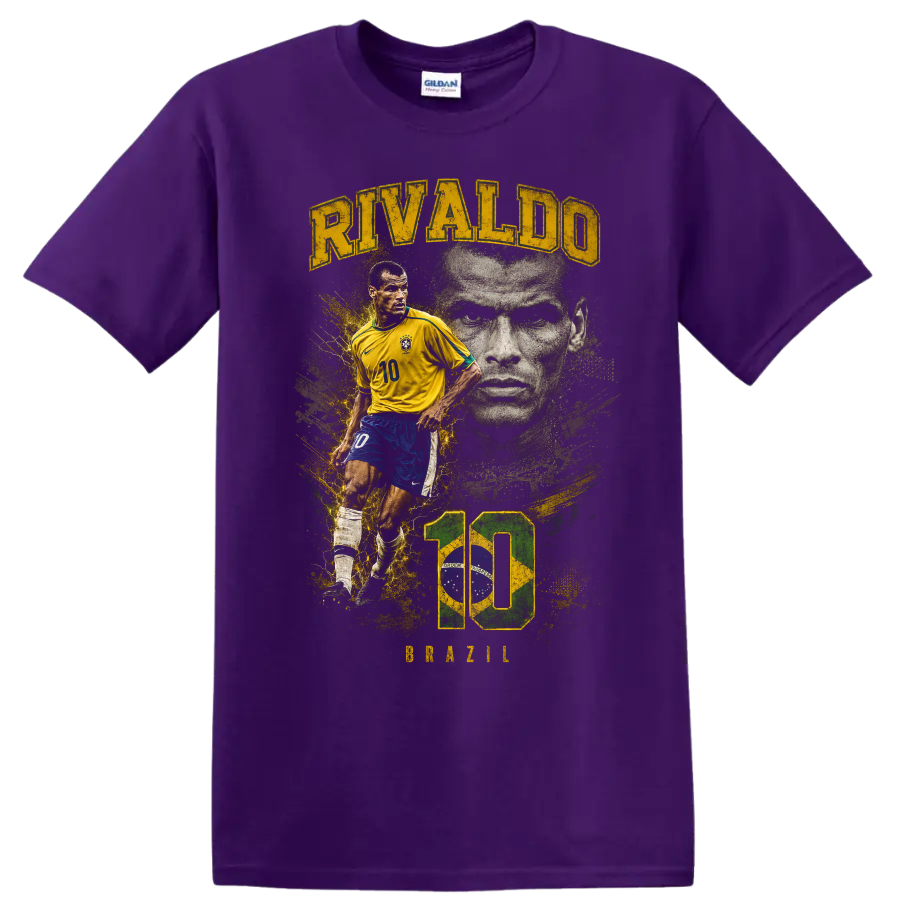 Rivaldo Brazil soccer graphic with number 10, action pose, and portrait on a Purple T Shirt