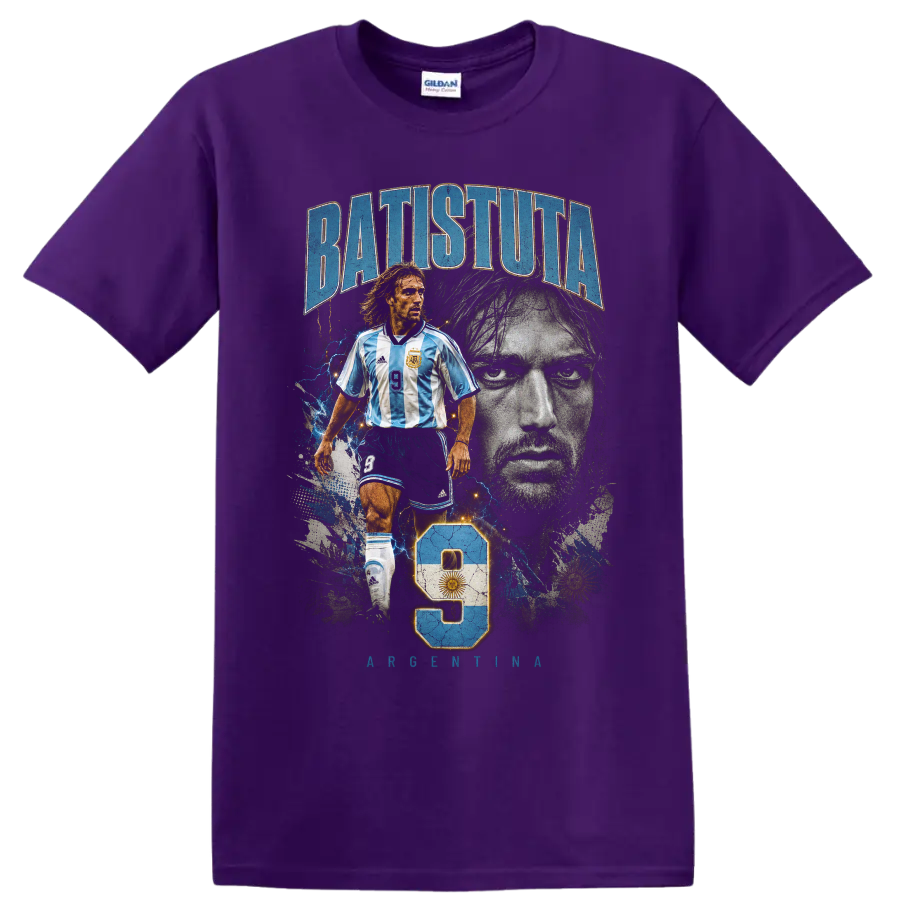 Gabriel Batistuta Argentina soccer portrait graphic with number 9 on a Purple T Shirt