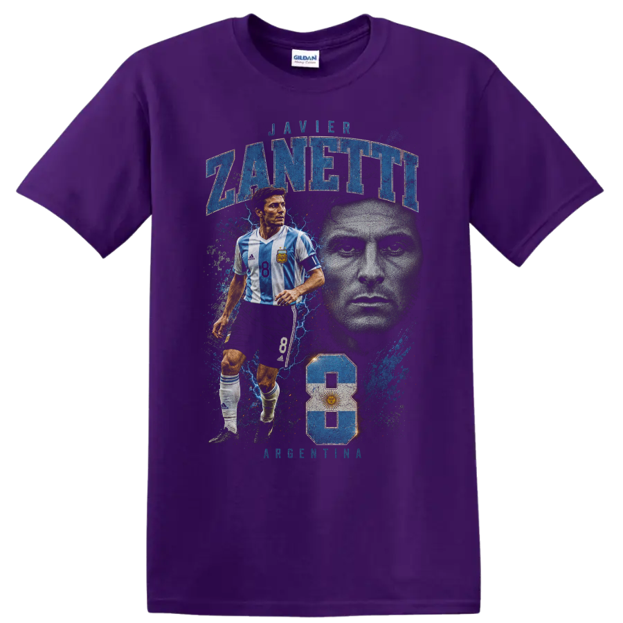 Javier Zanetti Argentina soccer portrait and action graphic with number 8 on a Purple T Shirt