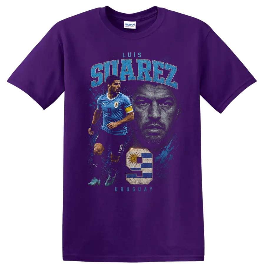 Luis Suárez Uruguay soccer action portrait graphic with bold name text on a Purple T Shirt