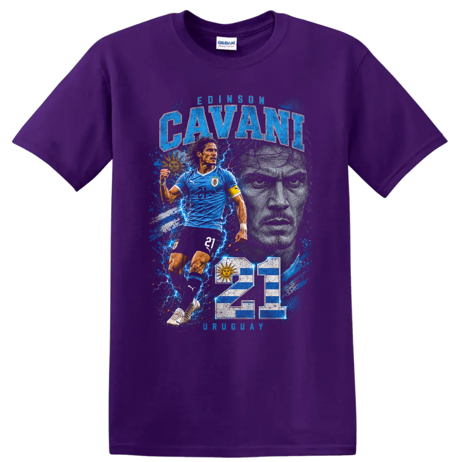 Edinson Cavani Uruguay soccer graphic with portrait, action pose, and number 21 on a Purple T Shirt
