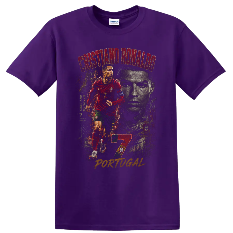 Cristiano Ronaldo Portugal soccer action portrait with number 7 on a Purple T Shirt