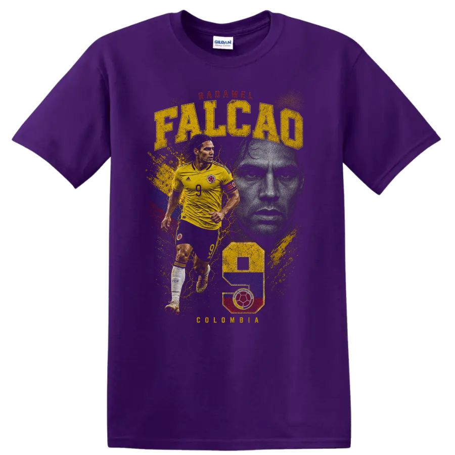 Radamel Falcao Colombia soccer graphic with FALCAO text and number 9 on a Purple T Shirt