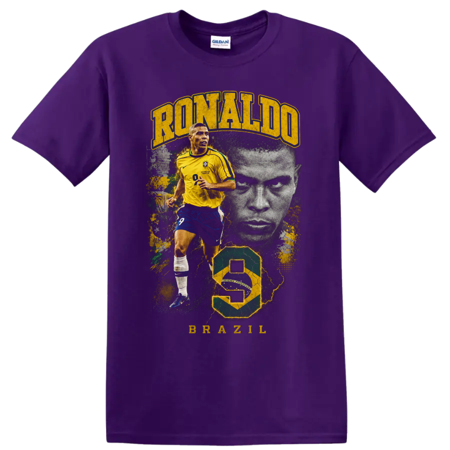 Ronaldo Nazário Brazil soccer action portrait graphic with bold lettering on a Purple T Shirt