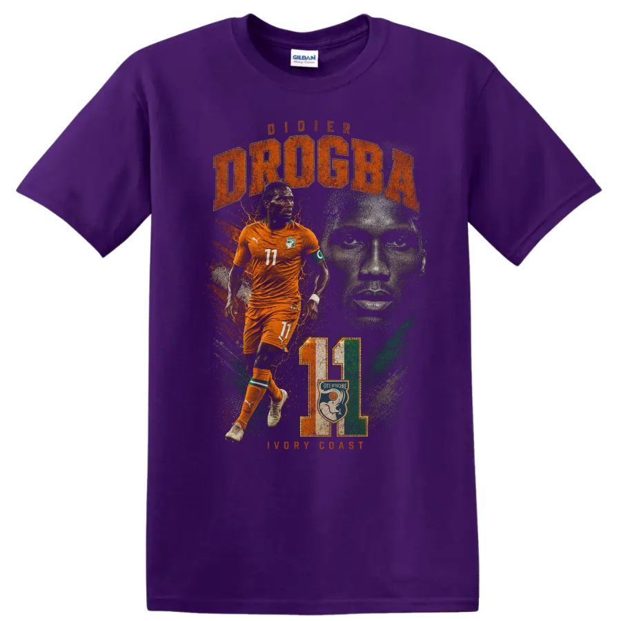 Didier Drogba Ivory Coast soccer action portrait with DROGBA text on a Purple T Shirt