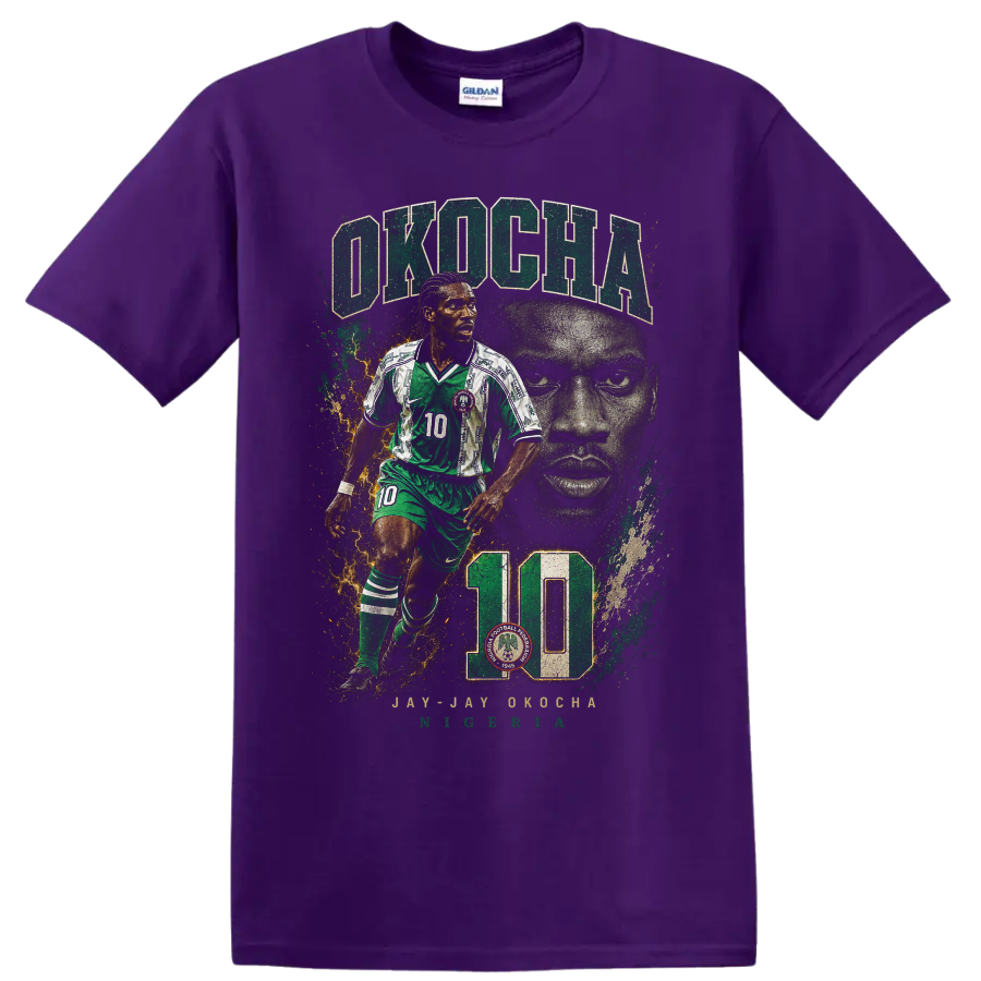 Jay-Jay Okocha Nigeria soccer graphic with OKOCHA and number 10 on a Purple T Shirt