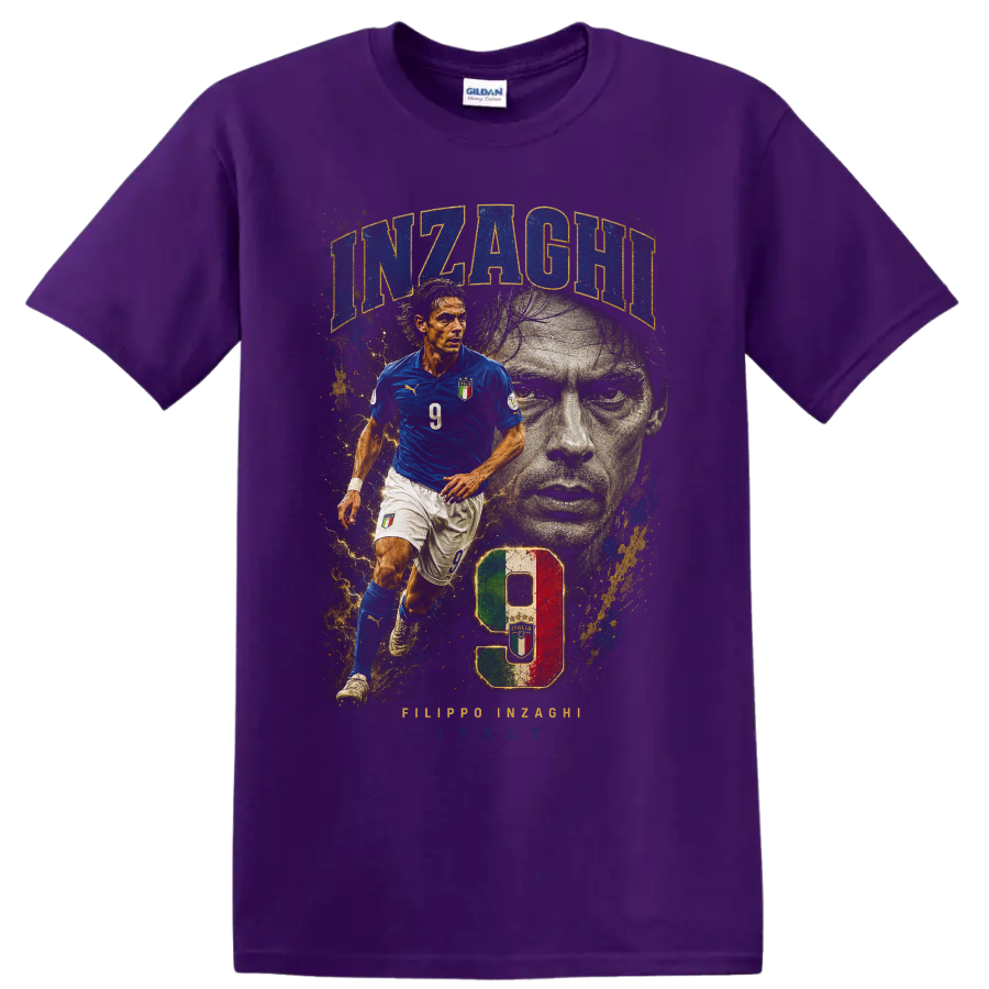 Filippo Inzaghi Italy soccer player number 9 distressed graphic print on a Purple T Shirt