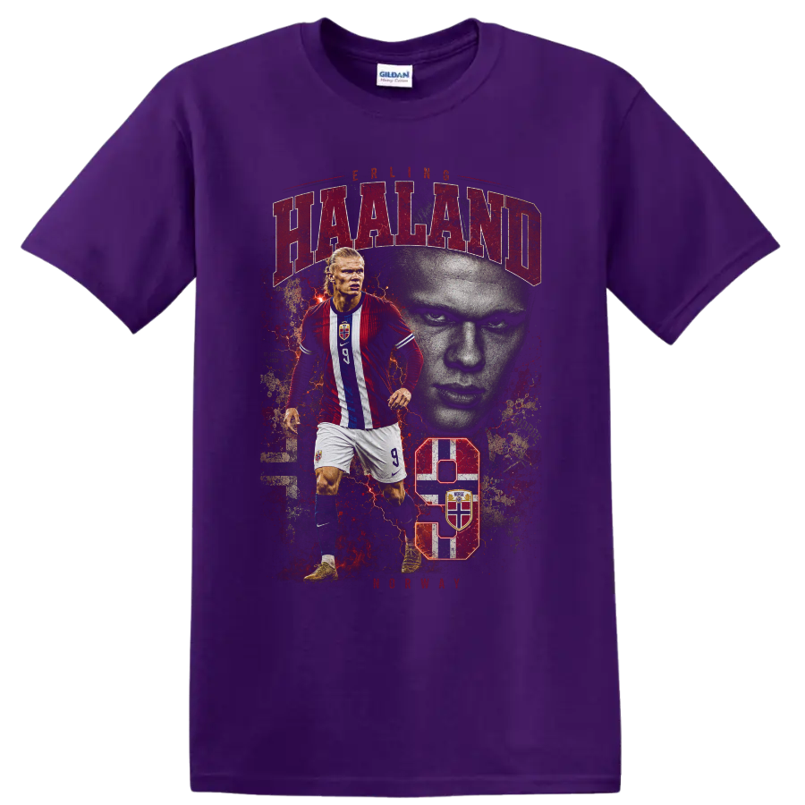 Erling Haaland Norway soccer player graphic with number 9 on a Purple T Shirt