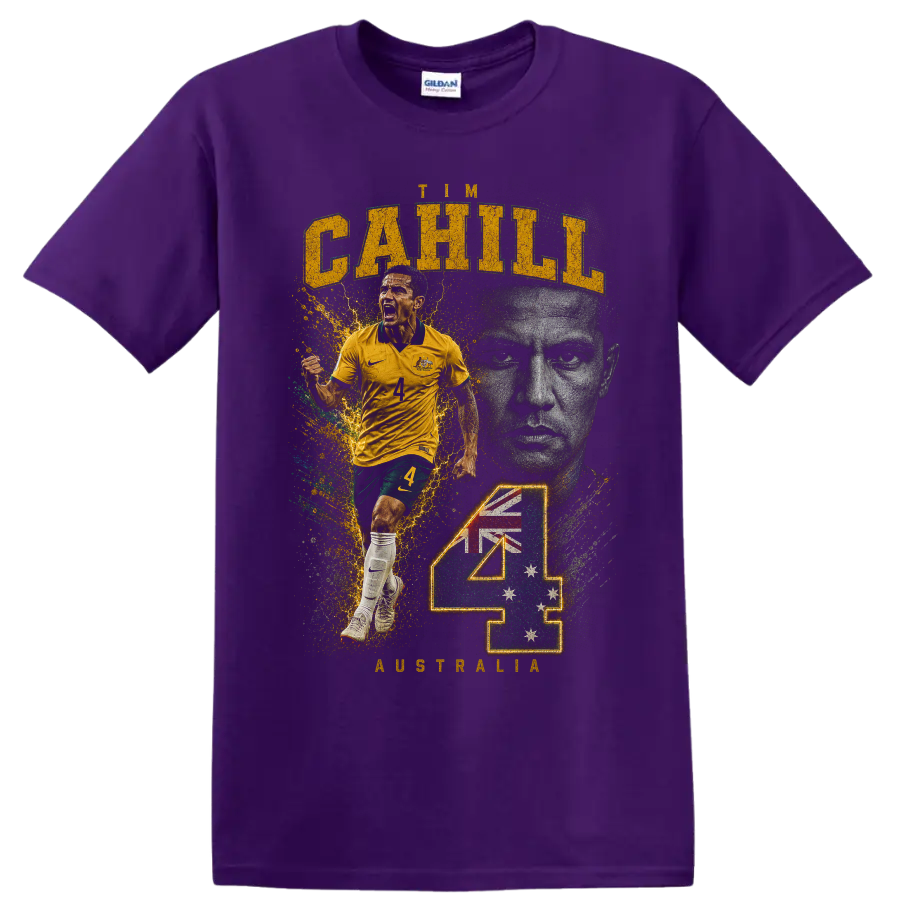 Tim Cahill Australia soccer tribute graphic with number 4 on a Purple T Shirt