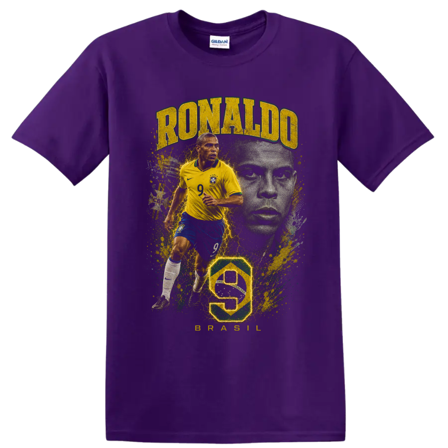 Ronaldo Nazário Brazil soccer collage with number 9 and portrait on a Purple T Shirt