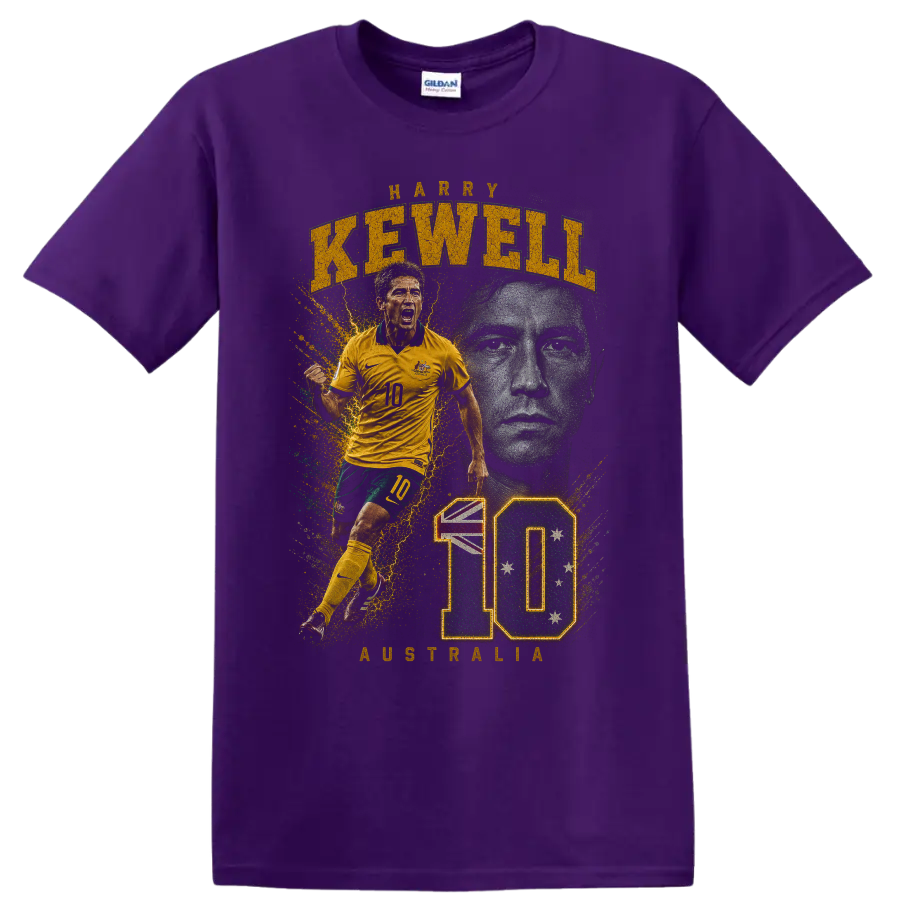 Harry Kewell Australia soccer graphic with KEWELL and number 10 on a Purple T Shirt