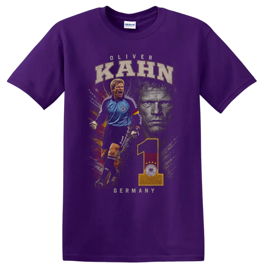 Oliver Kahn Germany goalkeeper graphic with KAHN text on a Purple T Shirt