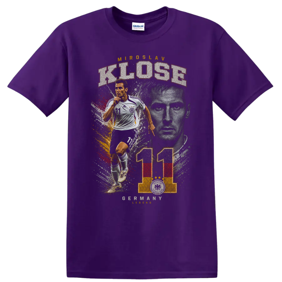 Miroslav Klose Germany soccer number 11 action portrait graphic on a Purple T Shirt