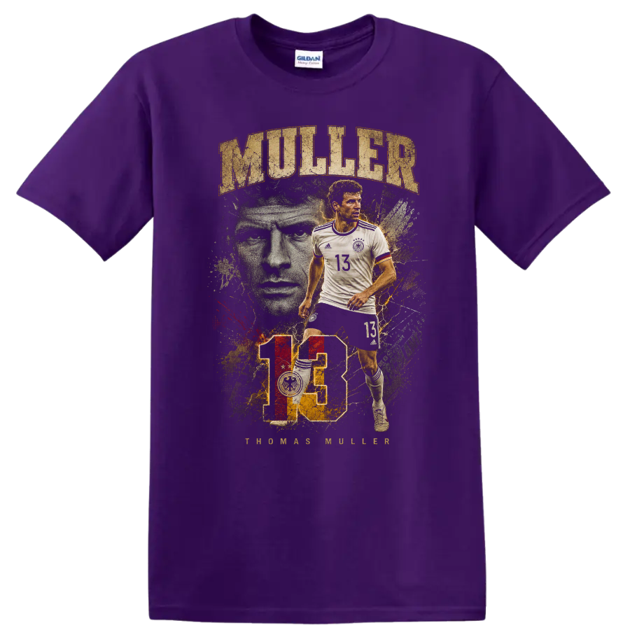 Thomas Müller Germany soccer player vintage portrait with MULLER text on a Purple T Shirt