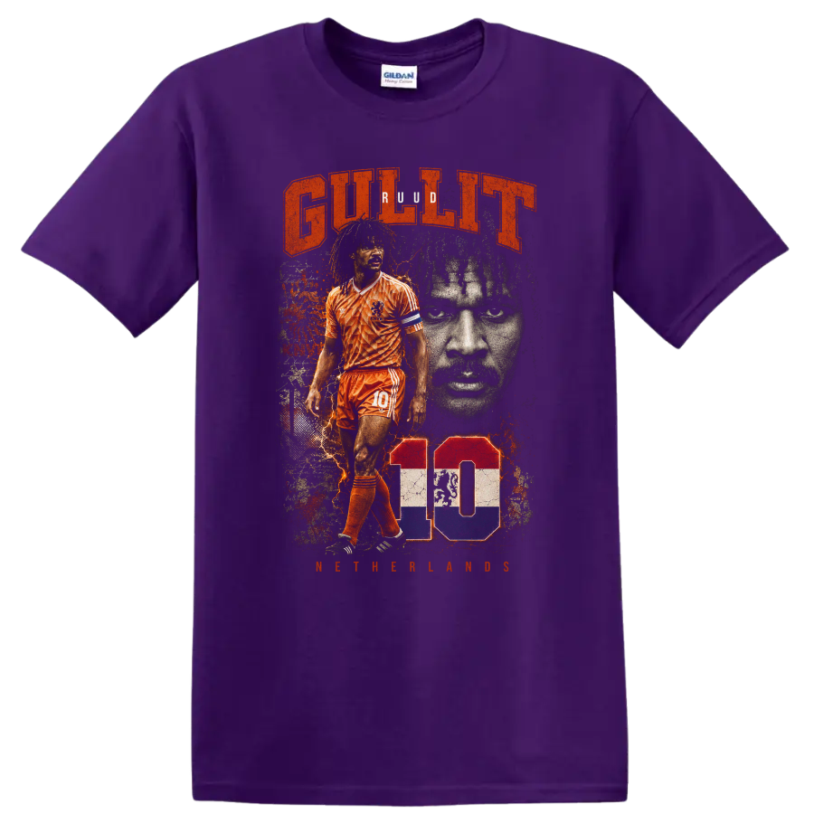 Ruud Gullit Netherlands soccer graphic with orange kit and number 10 on a Purple T Shirt