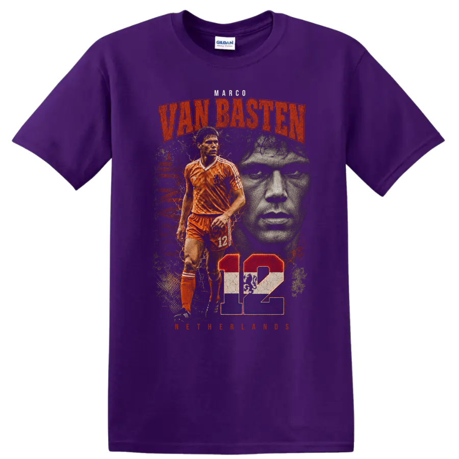 Marco van Basten Netherlands soccer retro graphic with number 12 on a Purple T Shirt
