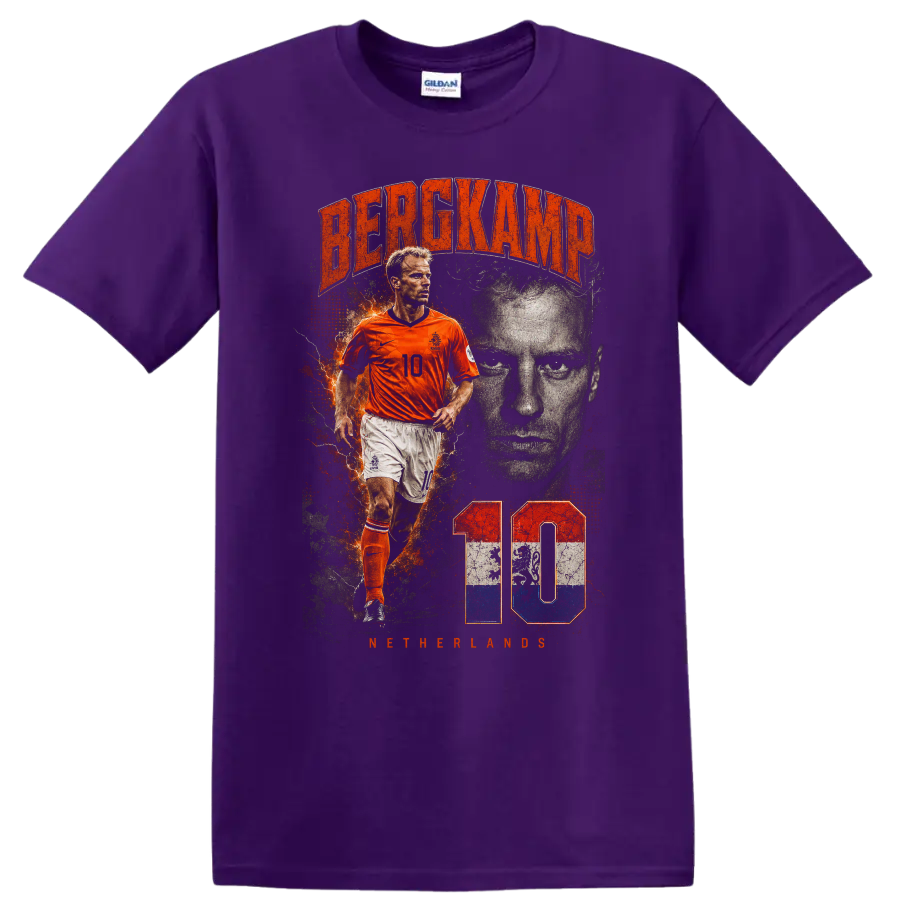 Dennis Bergkamp Netherlands soccer portrait with number 10 on a Purple T Shirt