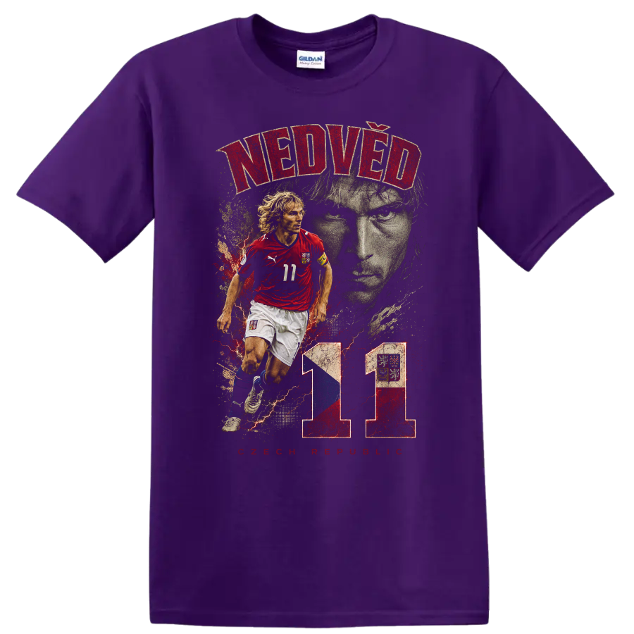 Pavel Nedvěd Czech soccer action portrait with number 11 graphic on a Purple T Shirt