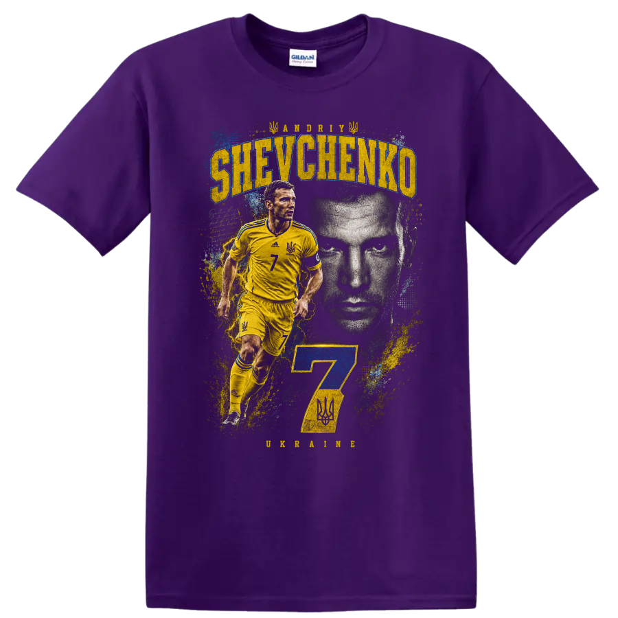 Andriy Shevchenko Ukraine soccer action portrait with number 7 on a Purple T Shirt