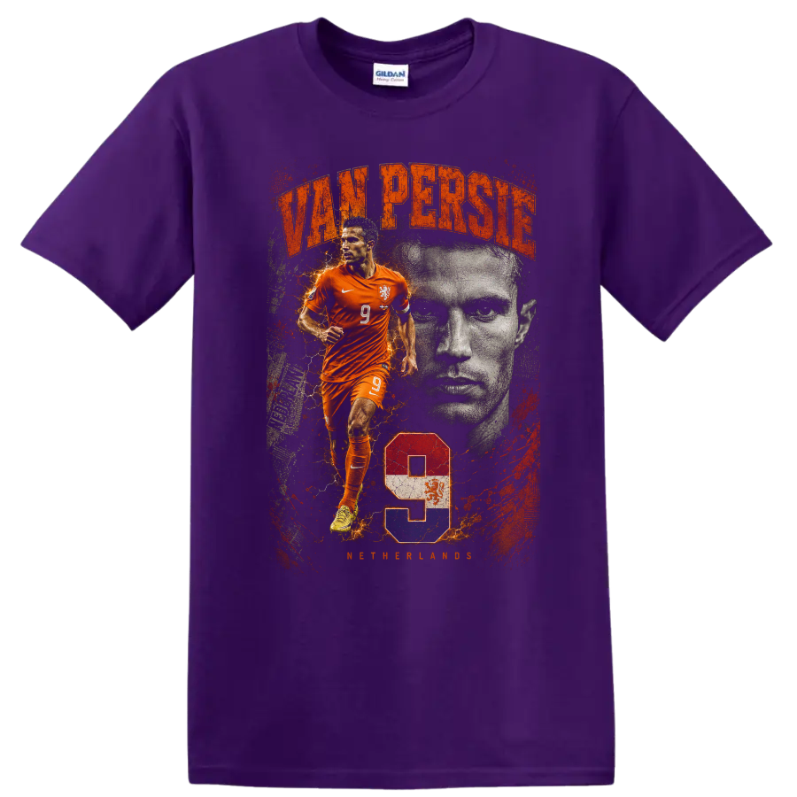 Robin van Persie Netherlands soccer vintage action portrait number 9 on a Purple T Shirt