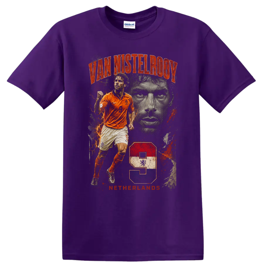 Ruud van Nistelrooy Netherlands soccer graphic with VAN NISTELROOY text on a Purple T Shirt