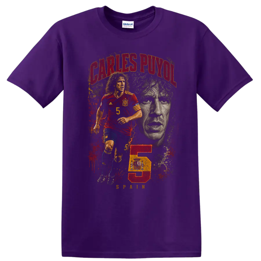 Carles Puyol Spain soccer action and portrait graphic with number 5 on a Purple T Shirt