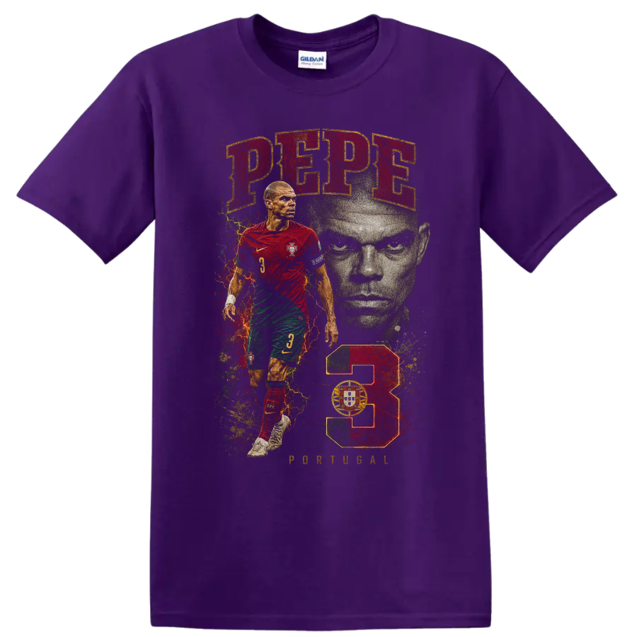 Pepe Portugal soccer player portrait graphic with red and green design on a Purple T Shirt