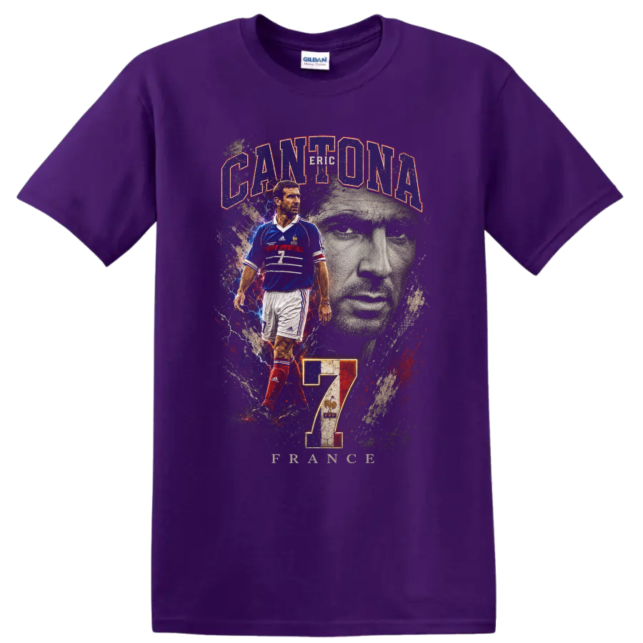 Eric Cantona France soccer graphic with portrait, CANTONA, FRANCE, and number 7 on a Purple T Shirt