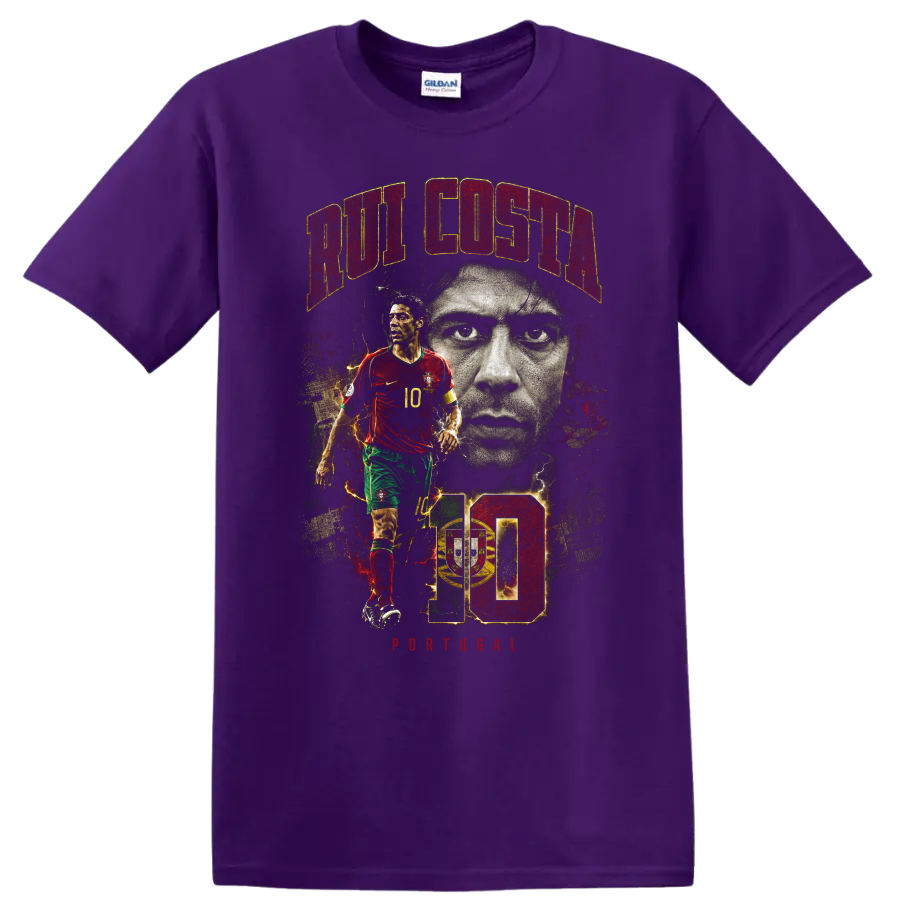 Rui Costa Portugal soccer portrait graphic with number 10 on a Purple T Shirt