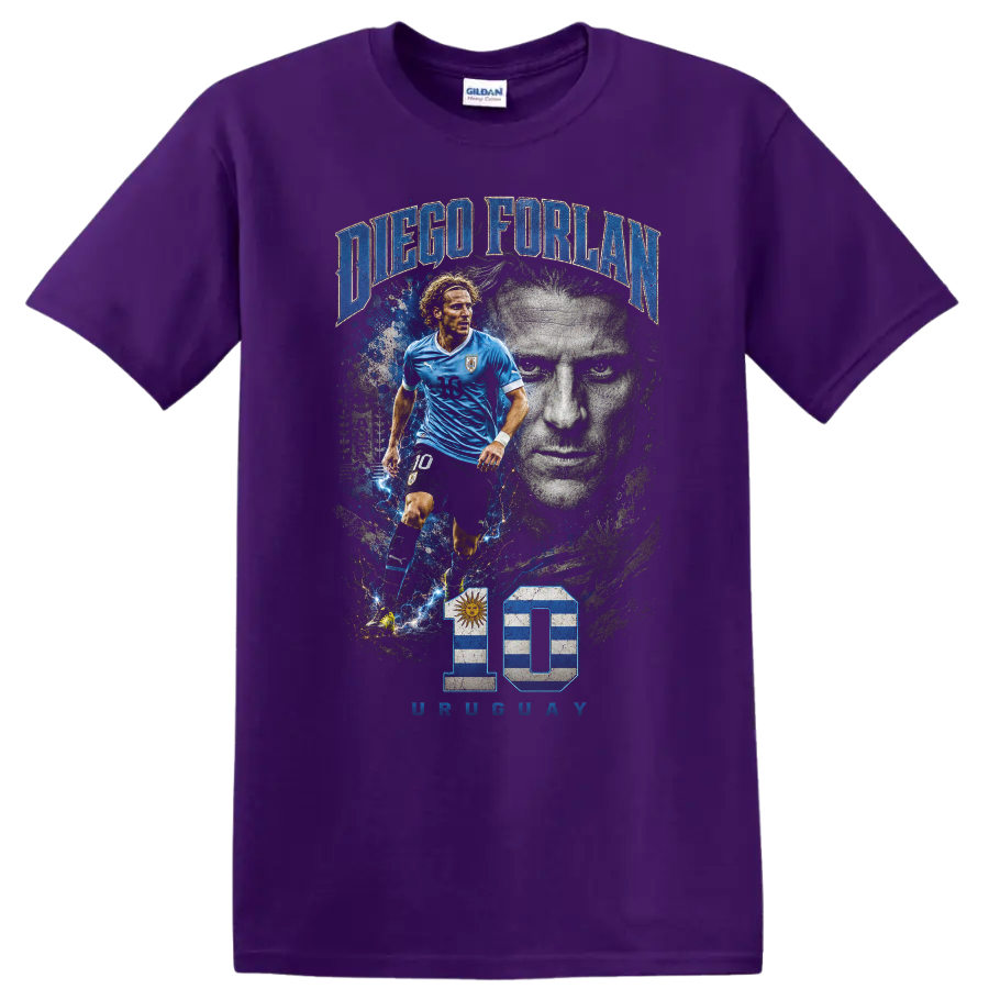 Diego Forlán Uruguay soccer action portrait graphic with number 10 on a Purple T Shirt